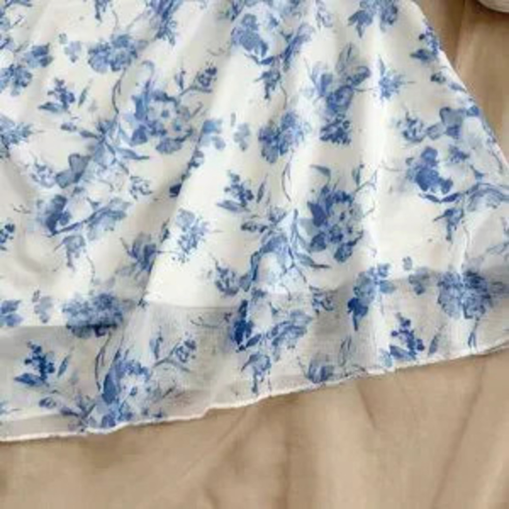 Blue And White Boho Women's Floral Mesh Halterneck Vacation Dress - Picture 5 of 5